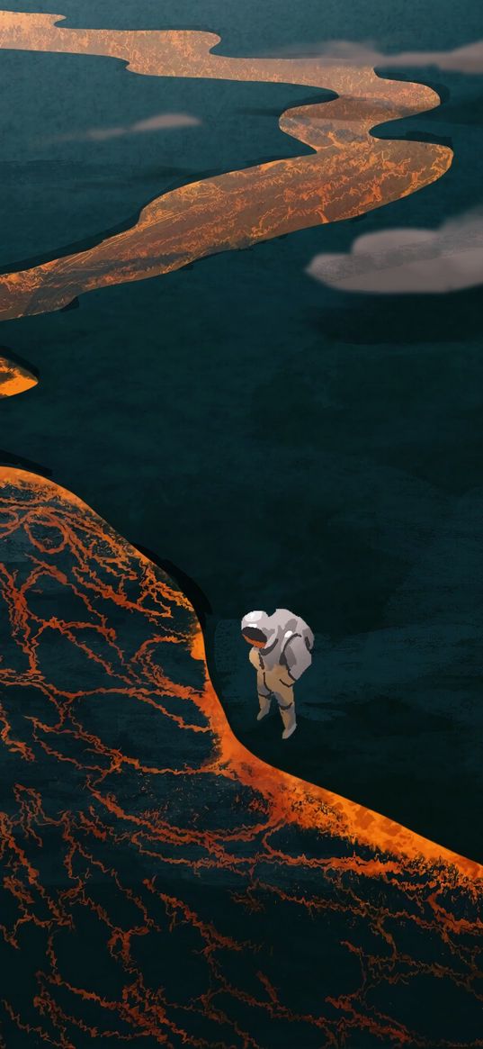 astronaut, spacesuit, lava, art