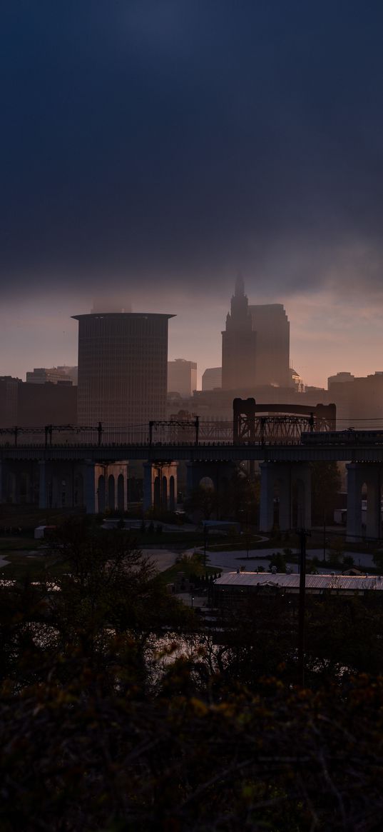 city, fog, buildings, bridge, gloom