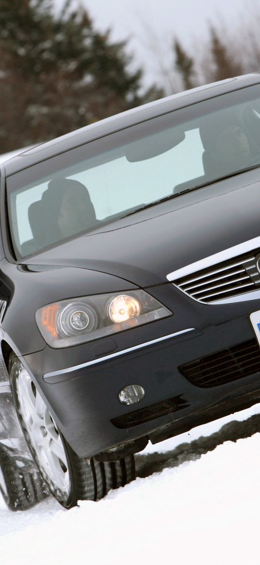 acura, rl, black, front view, style, car, snow, trees