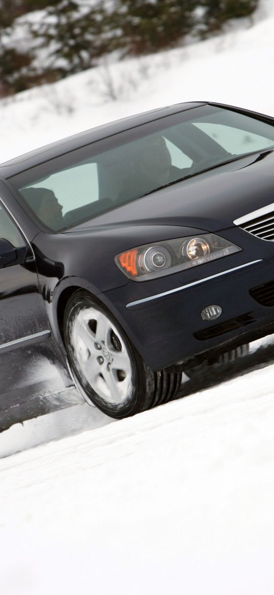 acura, rl, black, side view, style, car, snow, trees