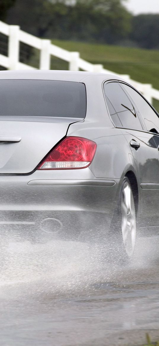 acura, rl, concept, gray metallic, rear view, cars, nature, trees, grass, spray, asphalt