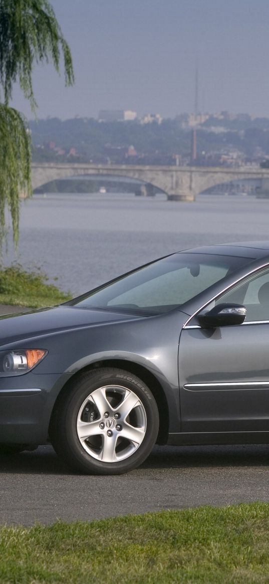 acura, rl, gray, side view, style, cars, nature, bridge, city, water, wood, grass