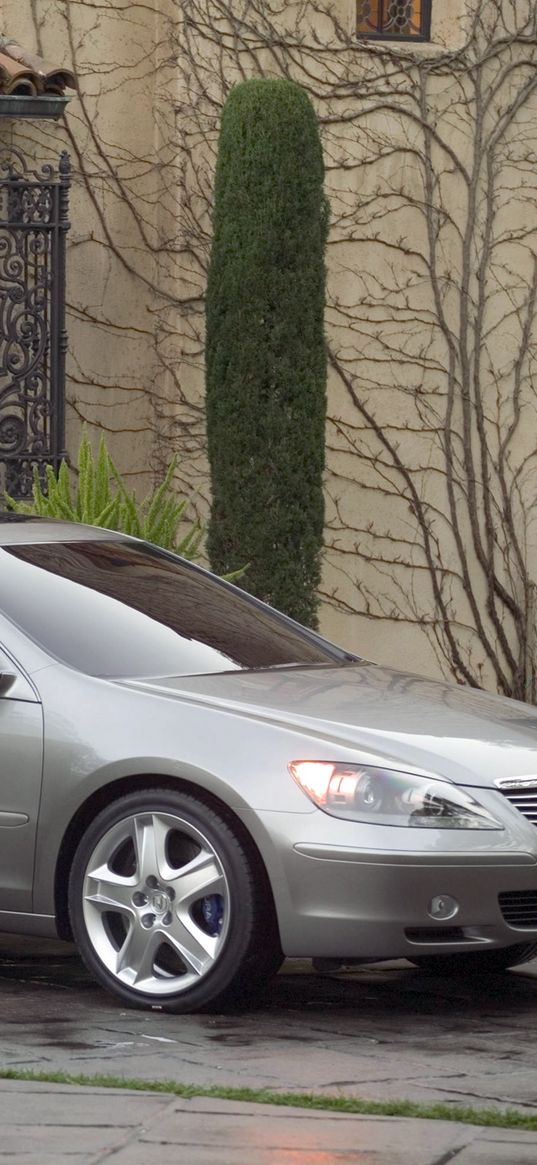 acura, rl, concept, 2004, metallic gray, side view, style, cars, grass, buildings, shrubs