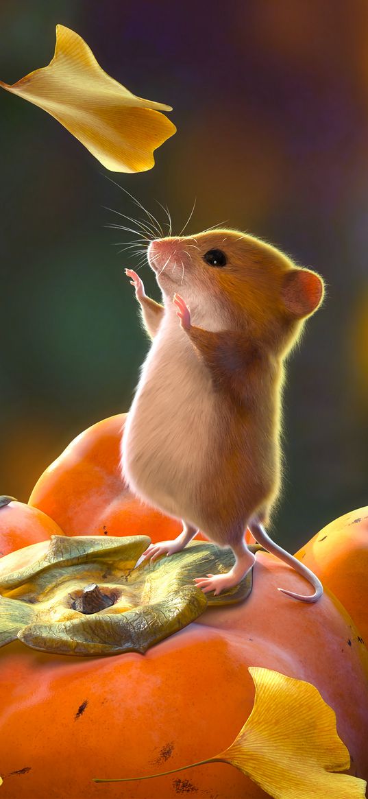 mouse, rodent, cute, leaves, art