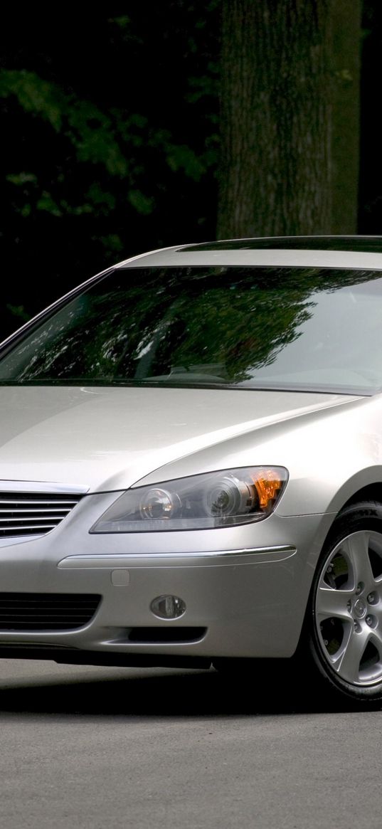 acura, rl, silver metallic, front view, style, sedan, trees, asphalt