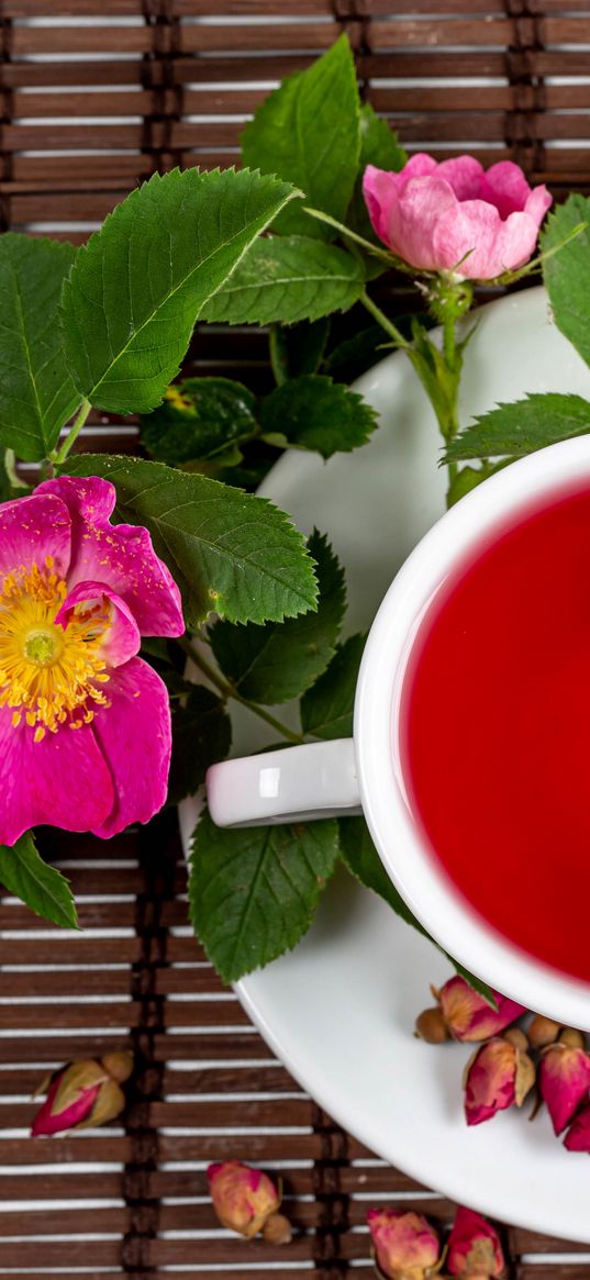 cup, tea, rosehip, flowers