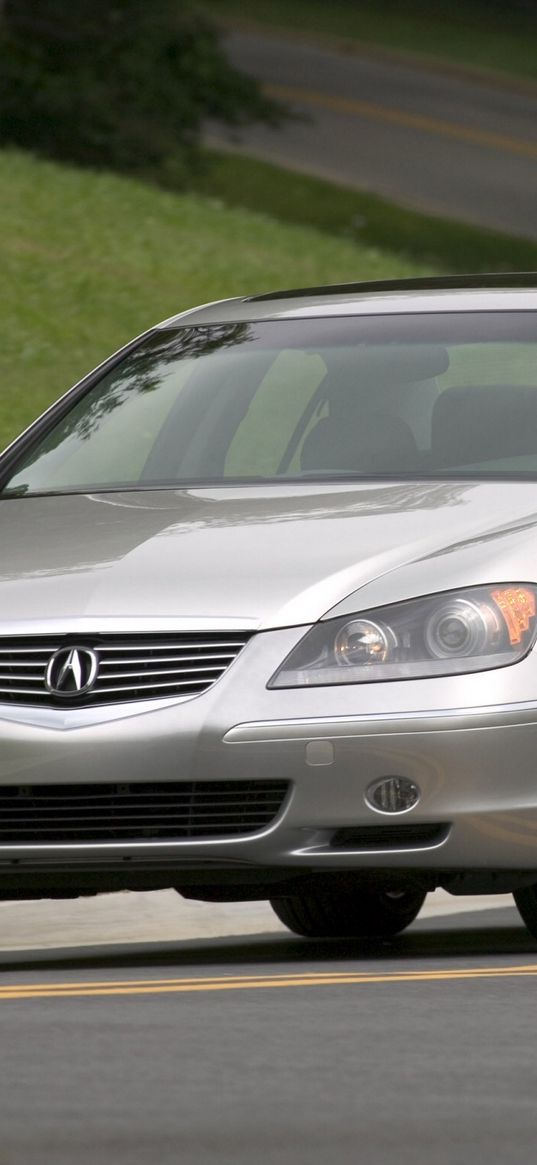 acura, rl, 2004, gray metallic, front view, style, sedan, car, grass, road