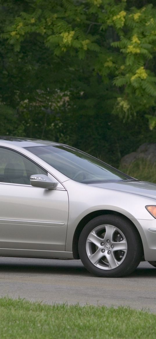 acura, rl, silver, side view, sedan, car, grass, trees