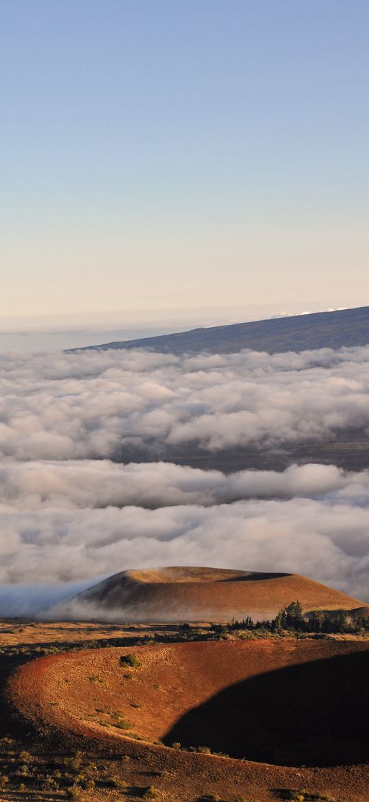 crater, relief, clouds, sky