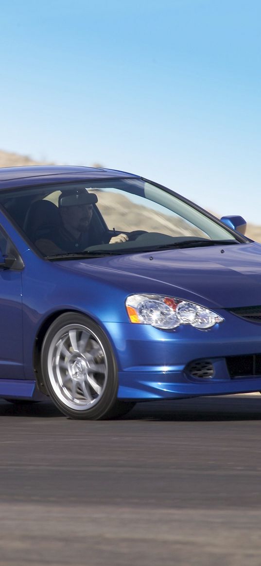 acura, rsx, 2004, blue, side view, style, cars, road, motion, mountain