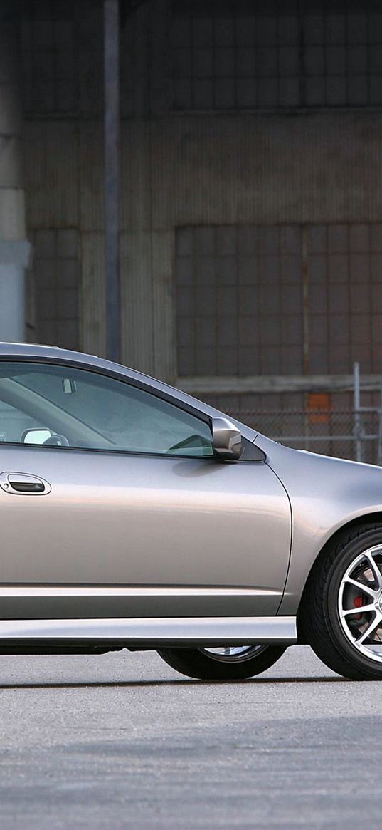 acura, rsx, 2003, metallic gray, side view, style, cars, buildings, asphalt