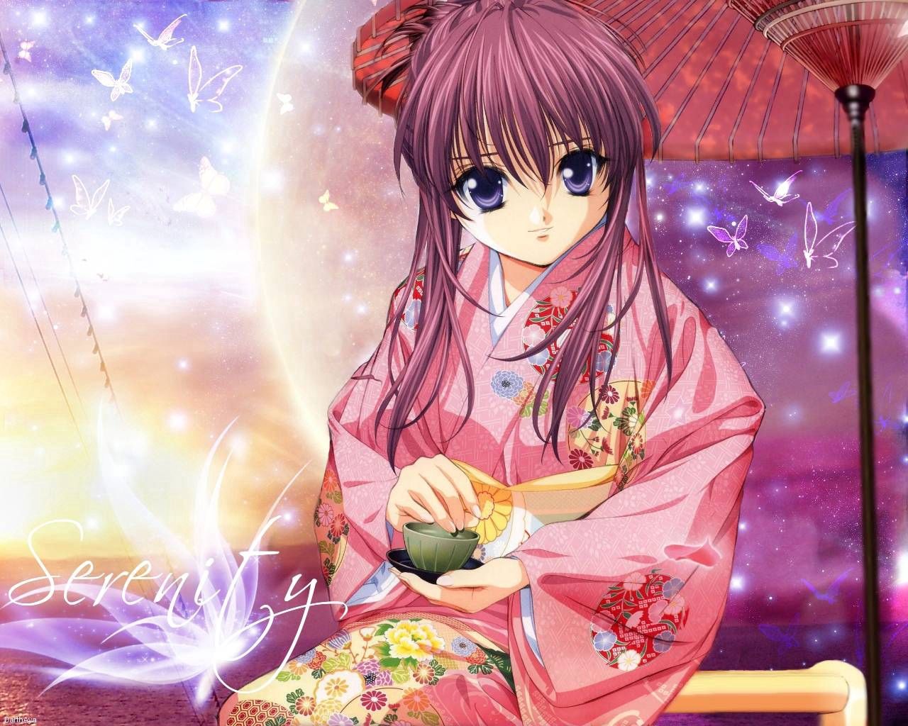 anime, girl, smile, kimono, umbrella