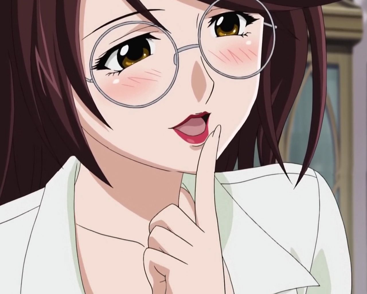 anime, girl, lips, red, glasses, finger