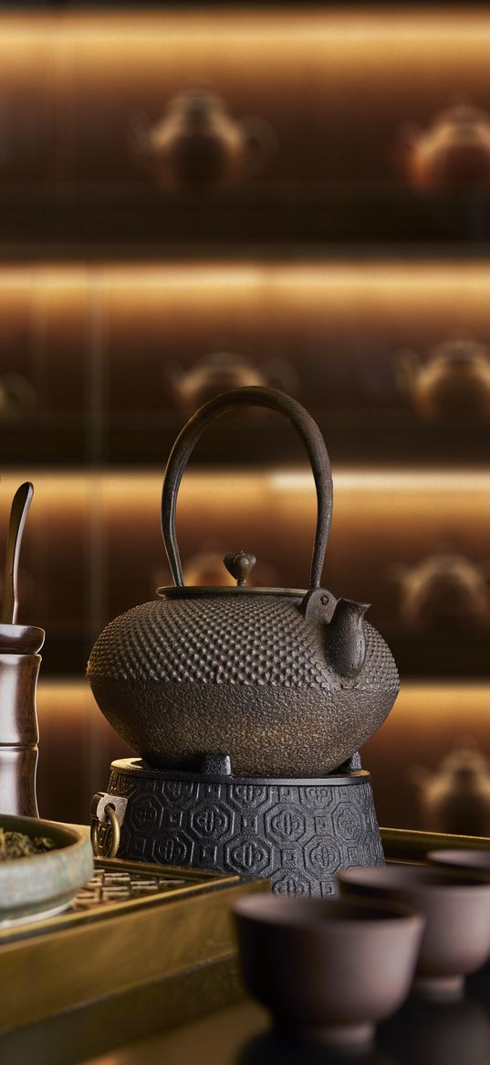 kettle, tea ceremony, cups, metal