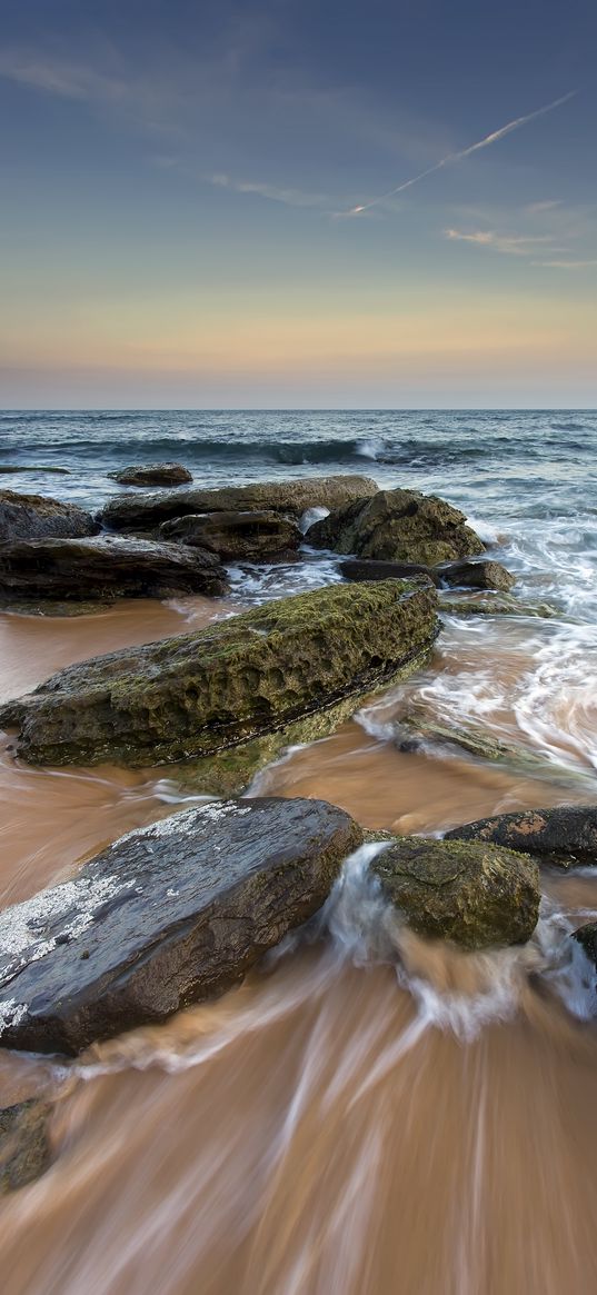 sea, stones, beach, horizon, tide