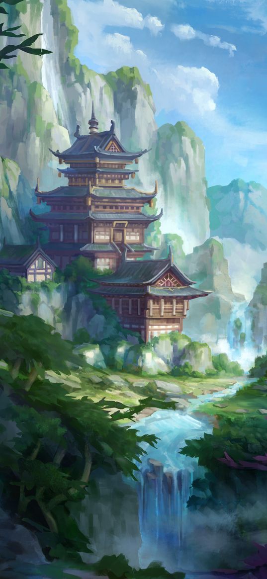 pagoda, temple, building, slope, art