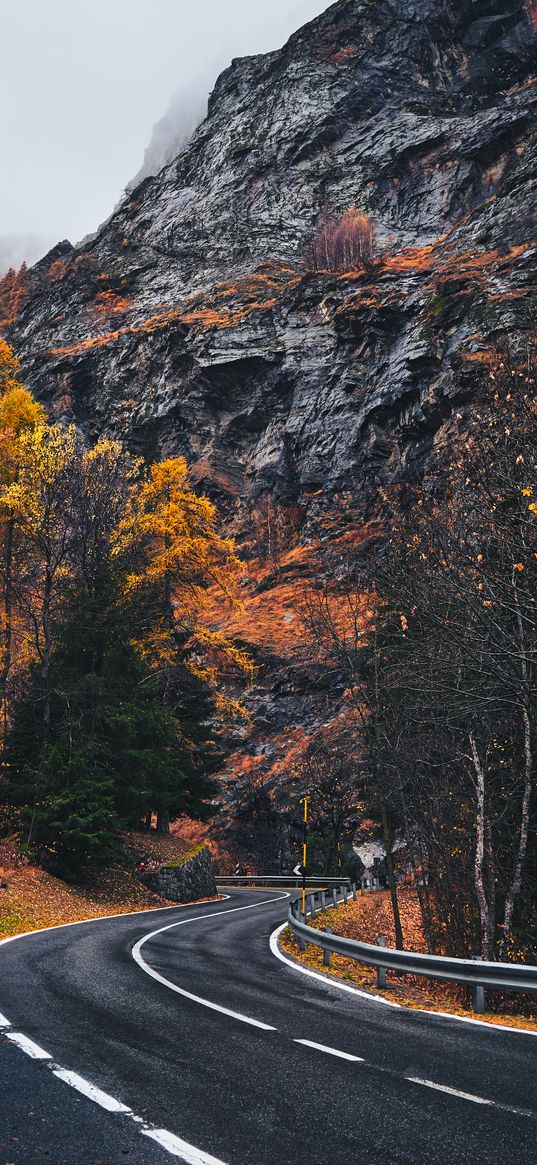 road, winding, rocks, marking, fog