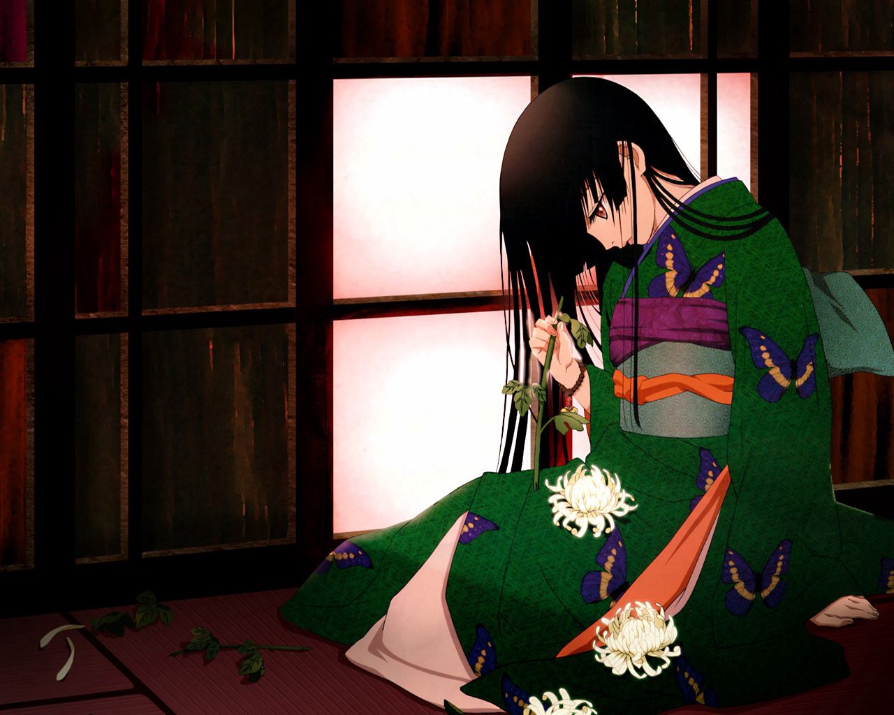 anime, girl, brunette, kimono, flowers