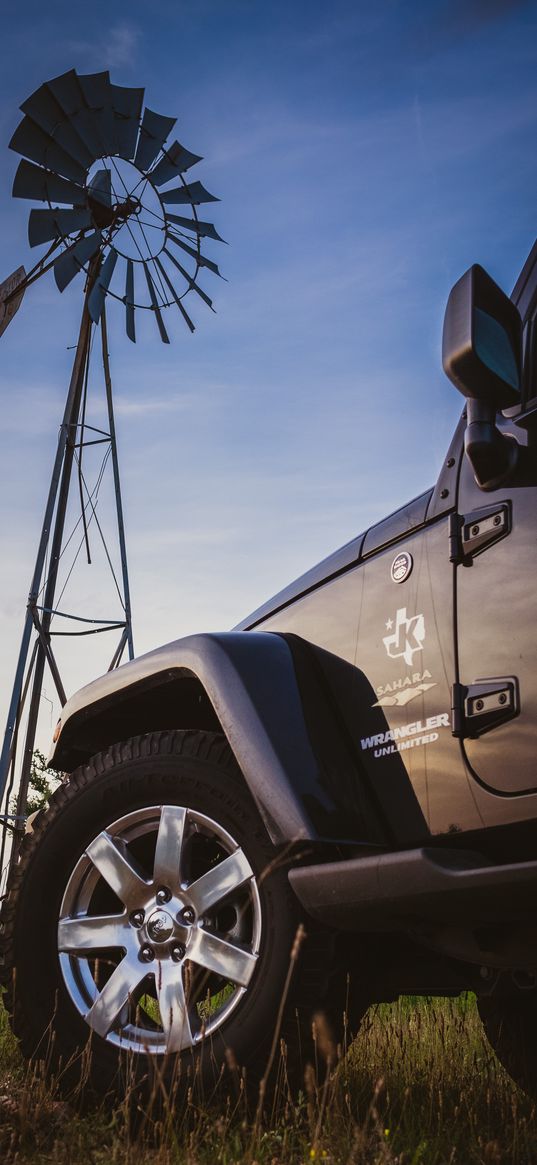 wrangler jeep, jeep, suv, black, windmill