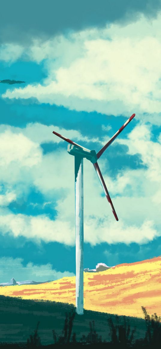 wind turbine, building, sky, art