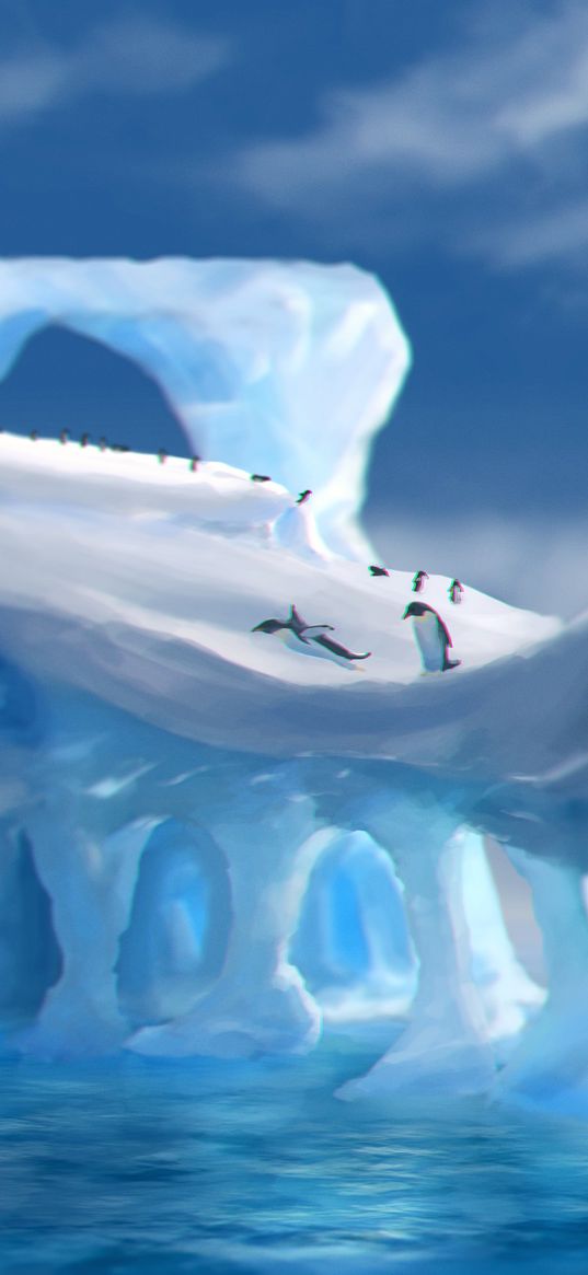 penguins, ice, ice floes, snow, art