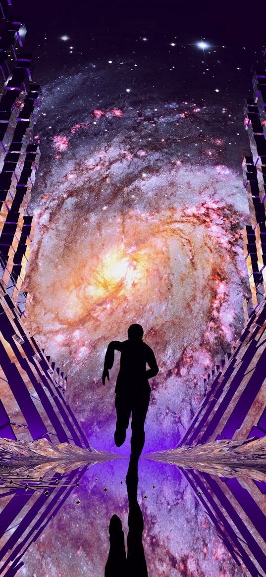 man, silhouette, nebula, space, portal, art