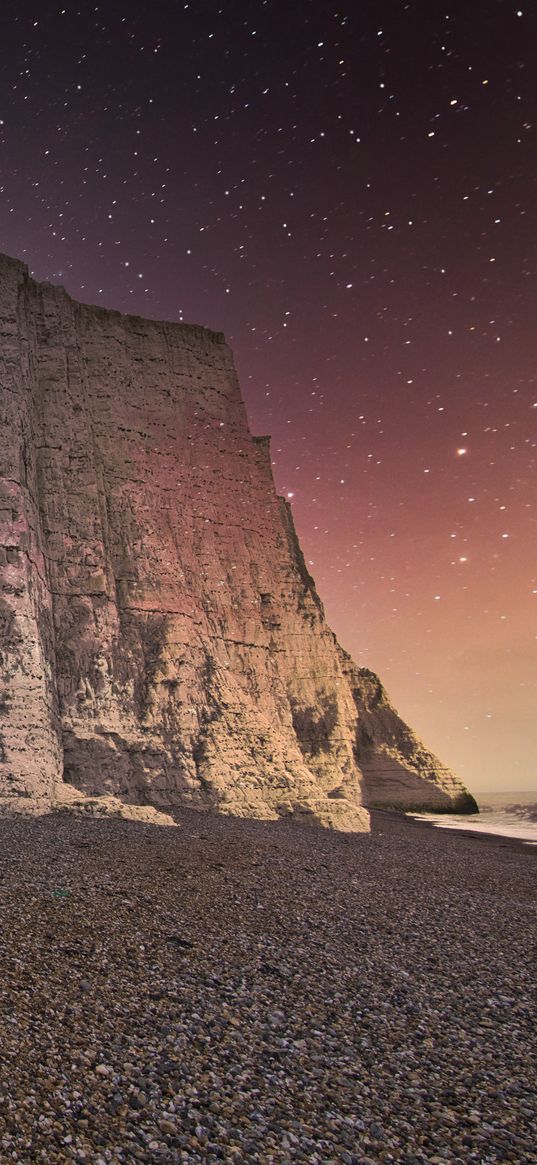 rock, cliff, coast, starry sky, pebble