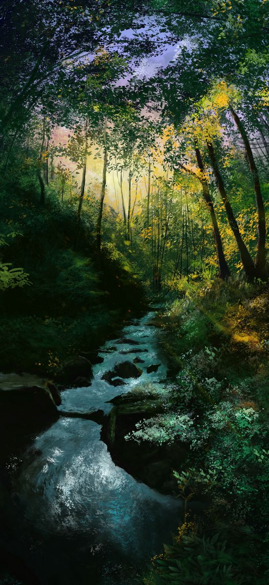 river, stream, forest, trees, art