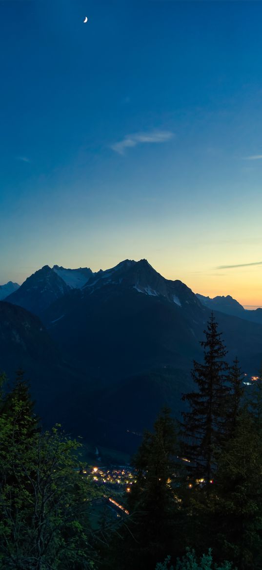 mountains, peaks, snowy, bushes