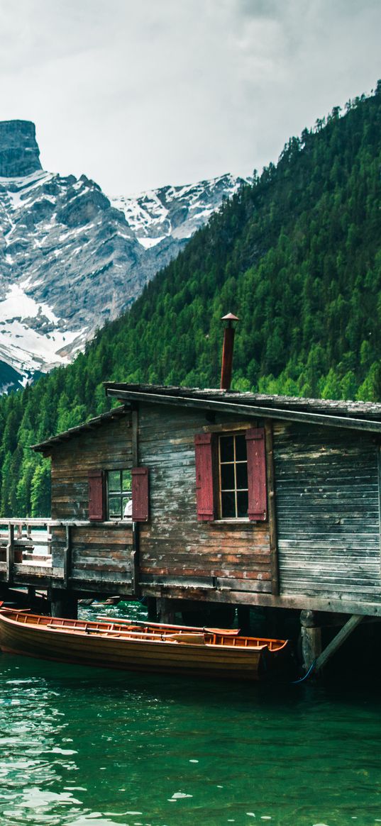 building, boat, slope, mountains