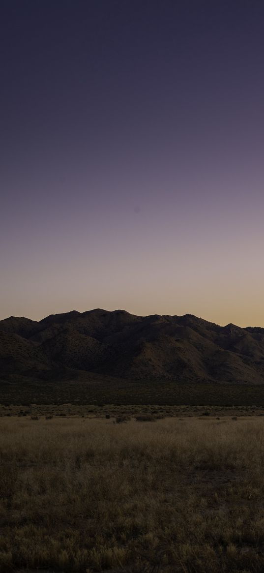 mountains, peaks, grass, twilight, sky