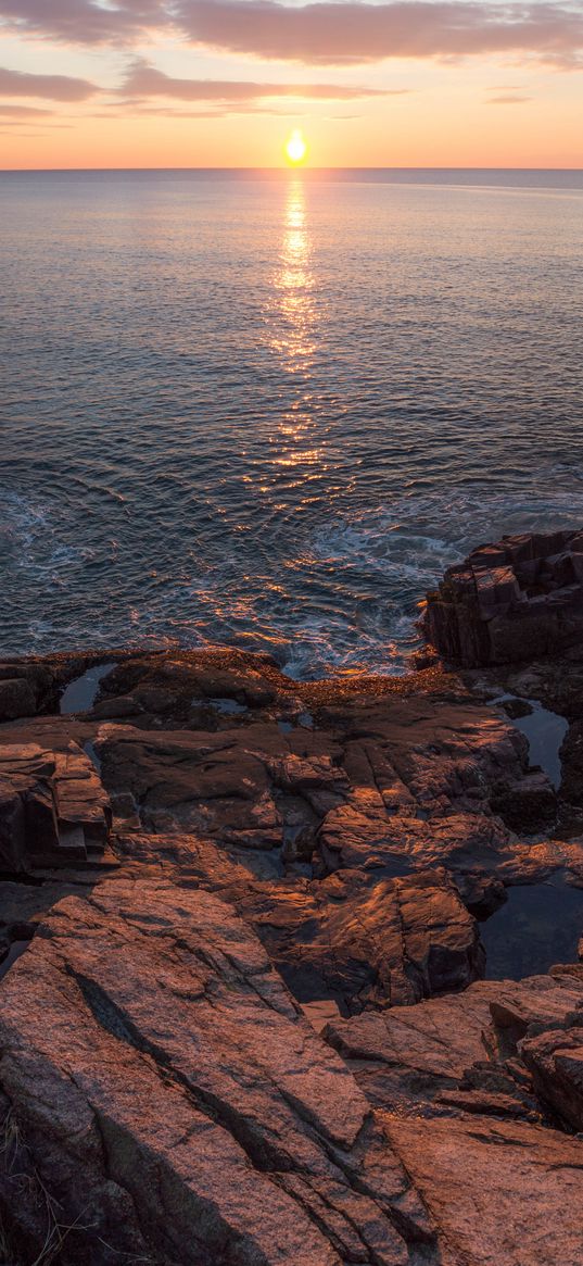 cliffs, coast, sea, sunset, glare