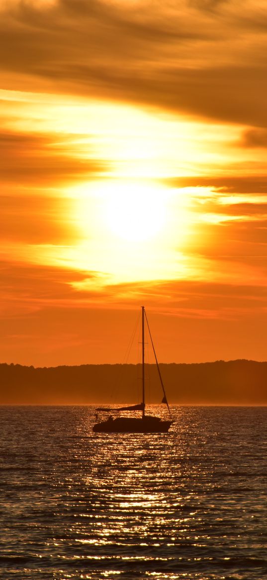 sailboat, boat, sea, sunset, glare