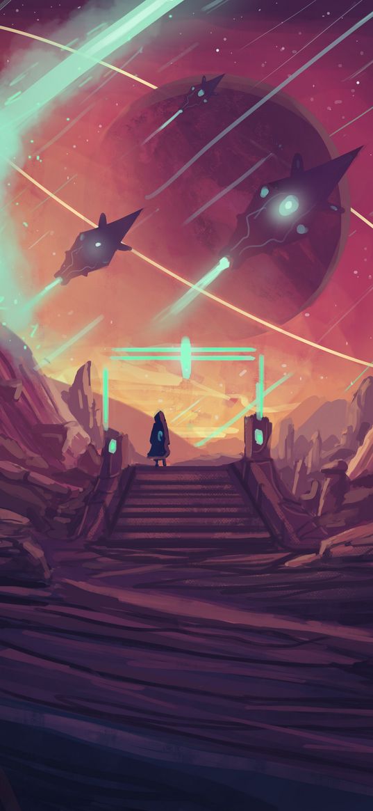 wanderer, spaceship, ufo, planet, art