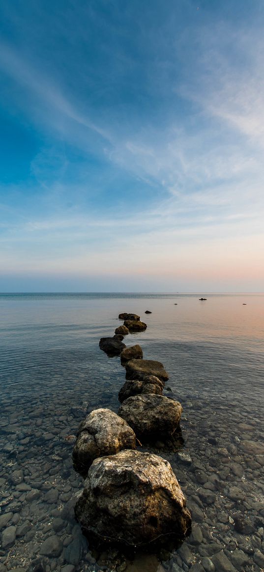 stones, pebbles, sea, horizon, sky