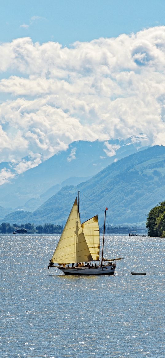 sailboat, boat, sea, hills, sky