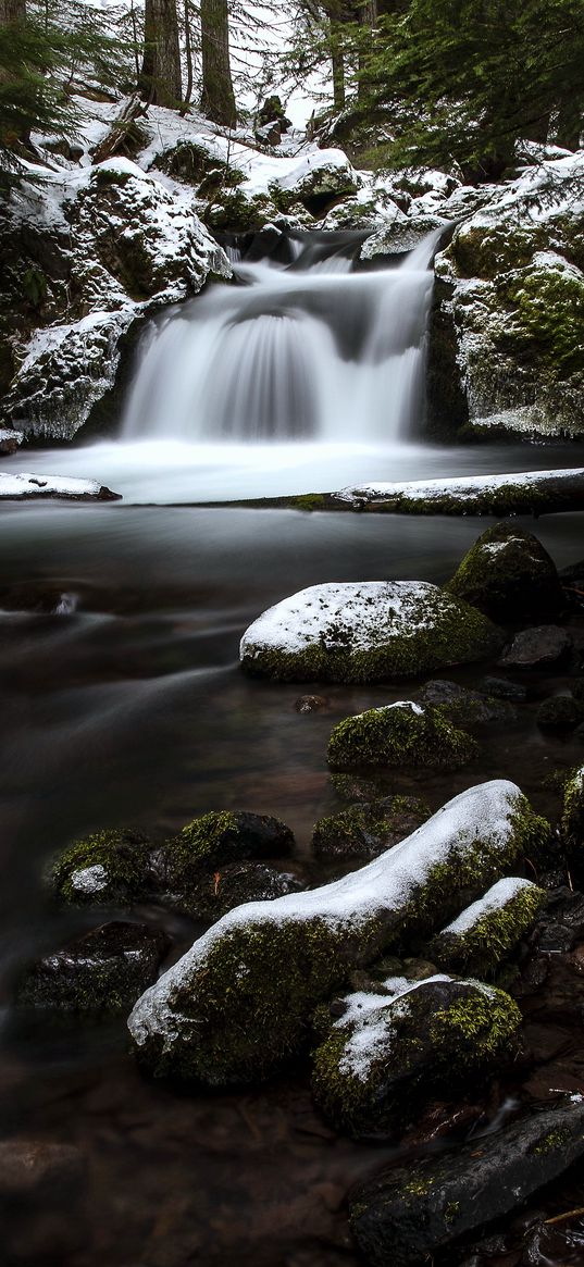 waterfall, stones, moss, snow, snowy