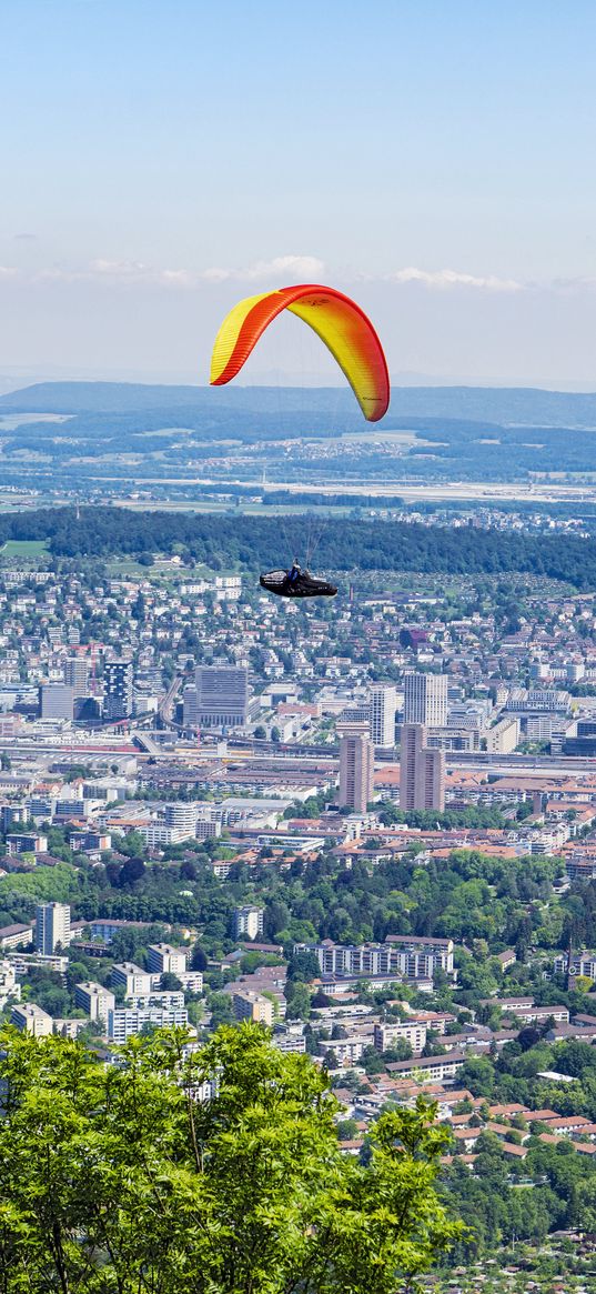 paraglider, city, buildings, flight, trees