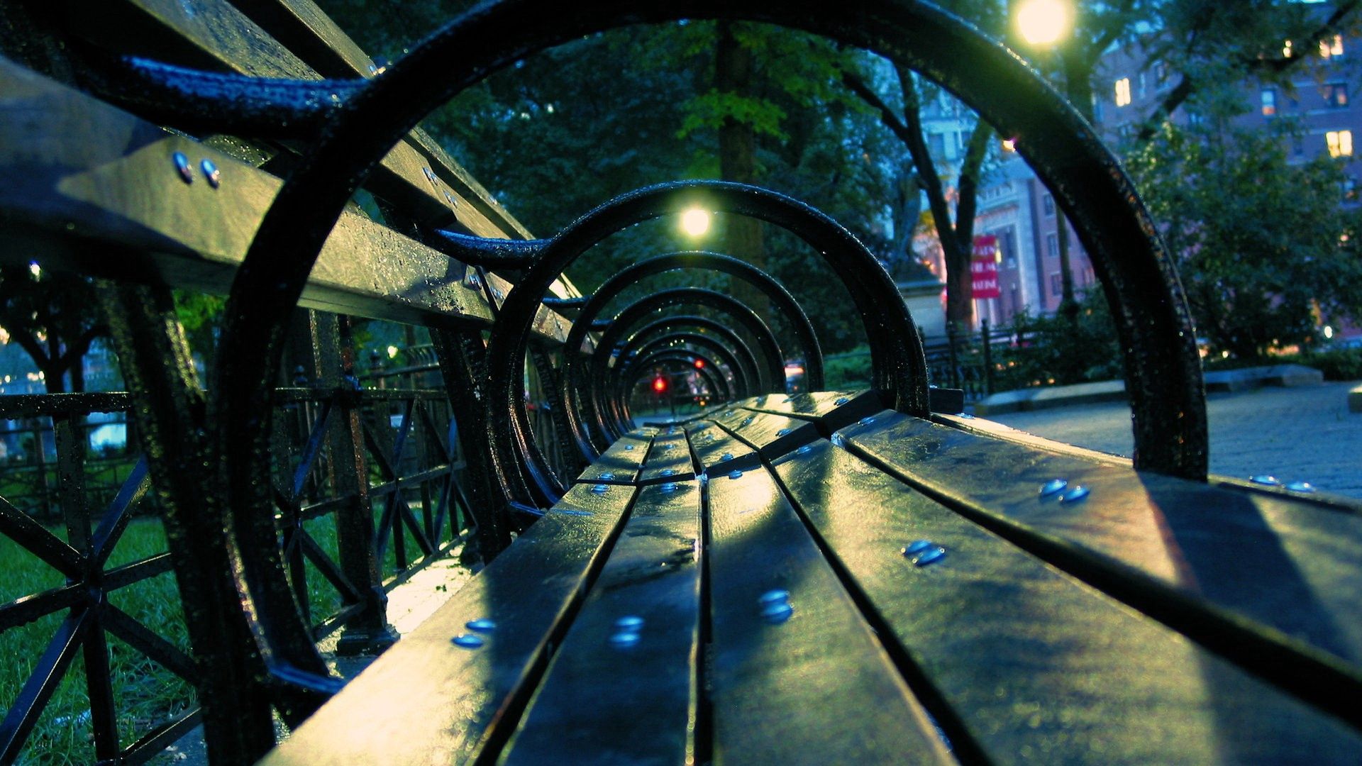 bench, night, park, city