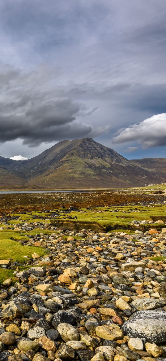 mountains, peaks, stones, coast, river