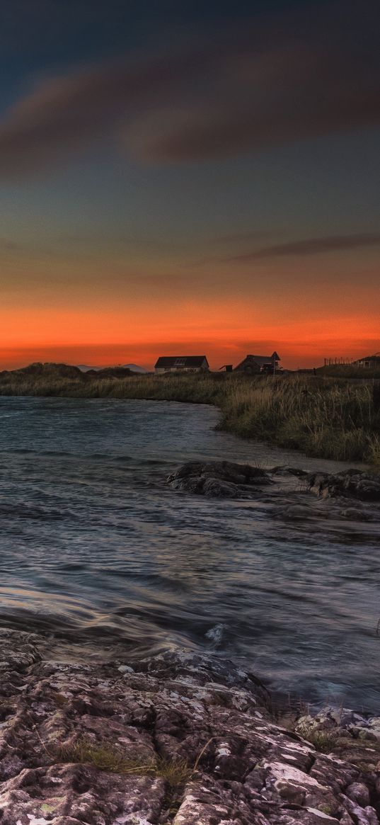 cliffs, sea, coast, building, sunset