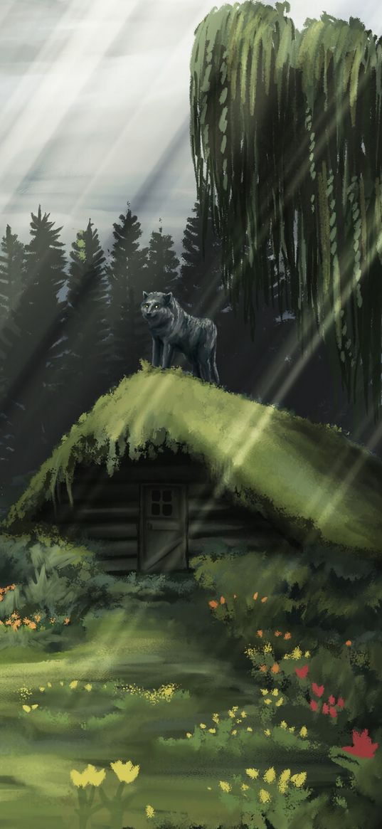 hut, wolf, rays, forest, art