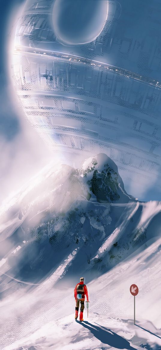 man, spaceship, slope, snow, art