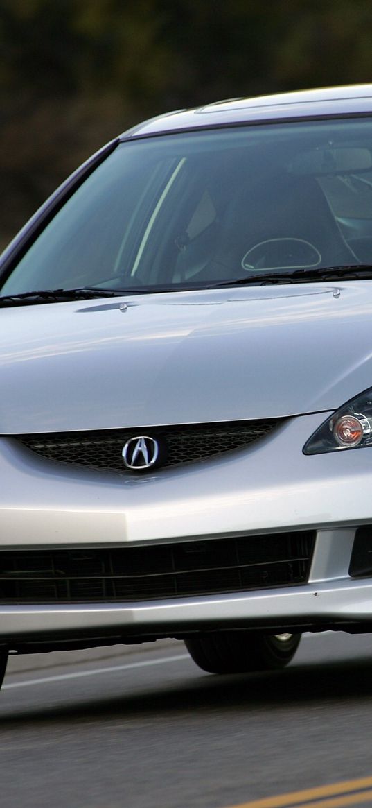 acura, rsx, 2005, gray metallic, front view, style, cars, asphalt, trees