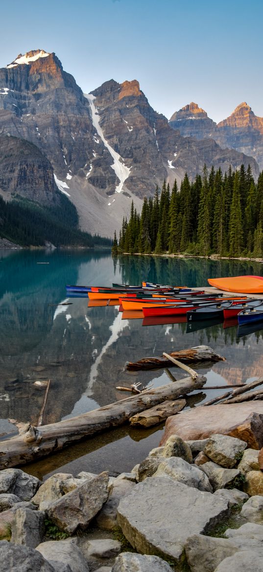 boats, lake, stones, mountains, snowy