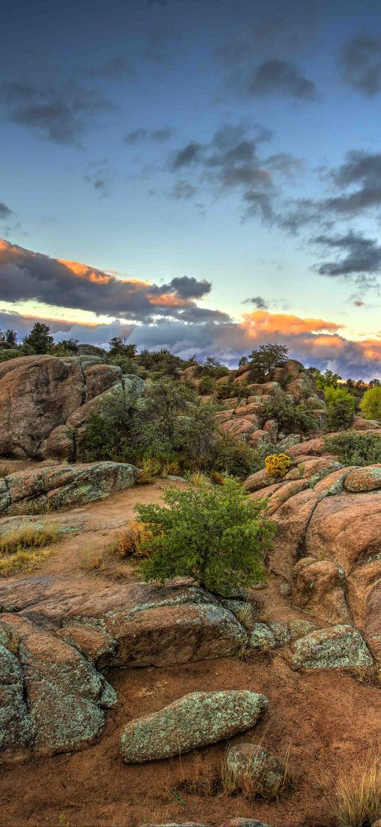 rocks, stones, bushes, sky, clouds