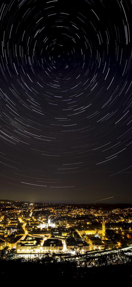 night city, lights, starry sky, twisting, night