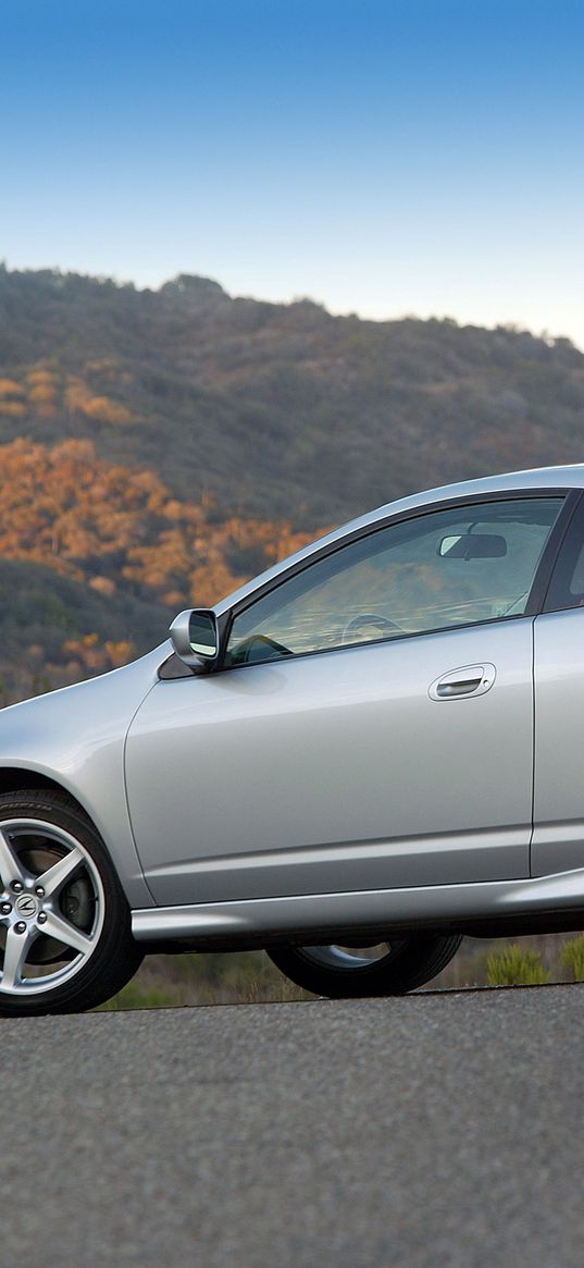 acura, rsx, metallic, side view, style, cars, nature, mountains, asphalt