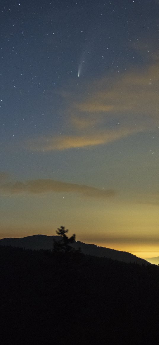 hills, starry sky, stars, starfall, sky