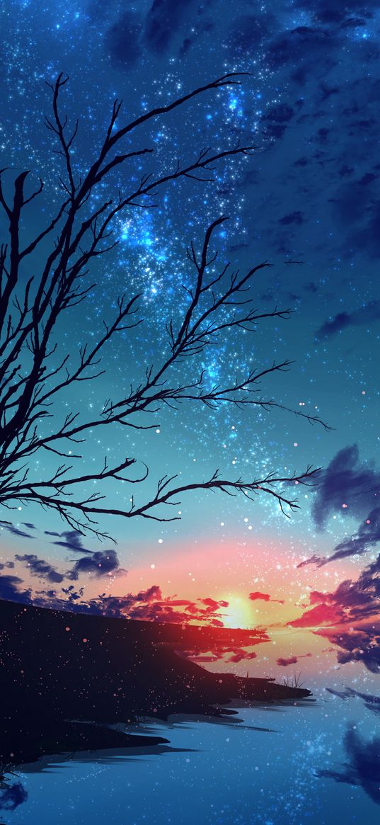 sunset, branches, tree, nebula, particles, stars, art